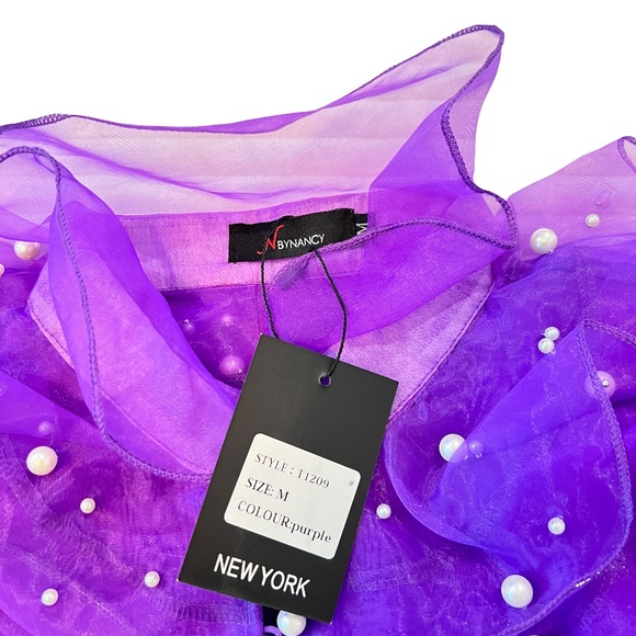 # A014 NANCY Purple Organza Top with Pearl Embellishment NWT M - Picture 5 of 10